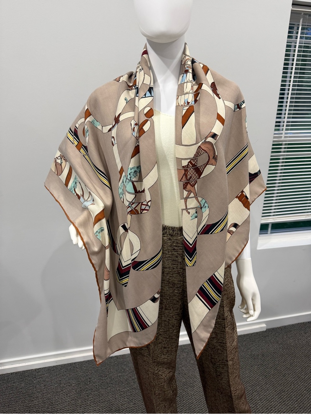 Neutral Beige Printed Silk & Cashmere Scarf with Equestrian Motif - Picture 5 of 14